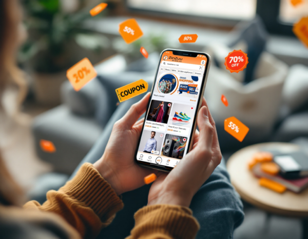 Women holding phone with coupons Women holding phone with coupons